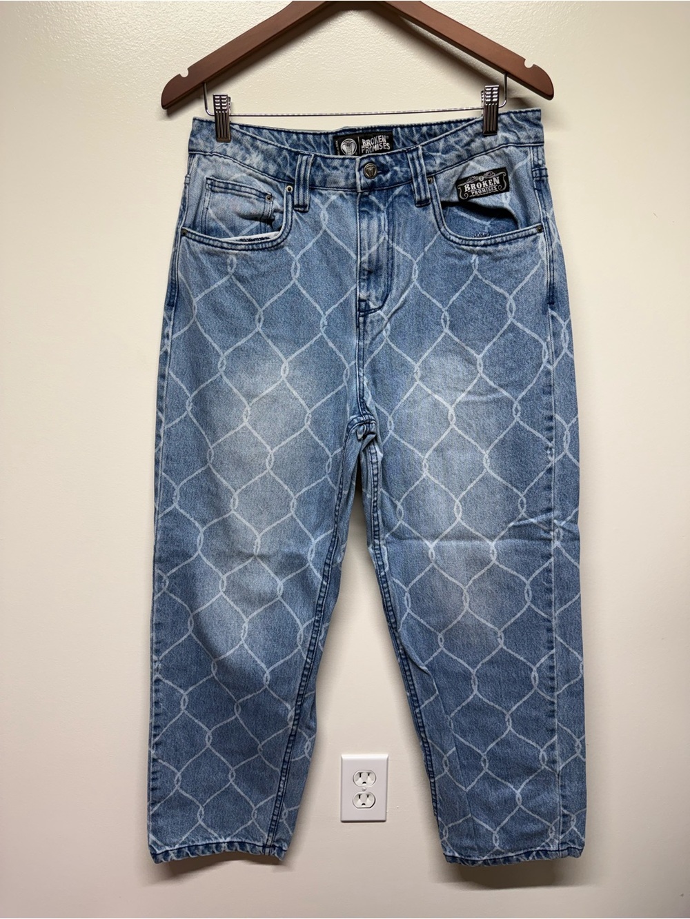 Broken Promises Men’s Light Blue Relaxed Jeans with Lattice Print